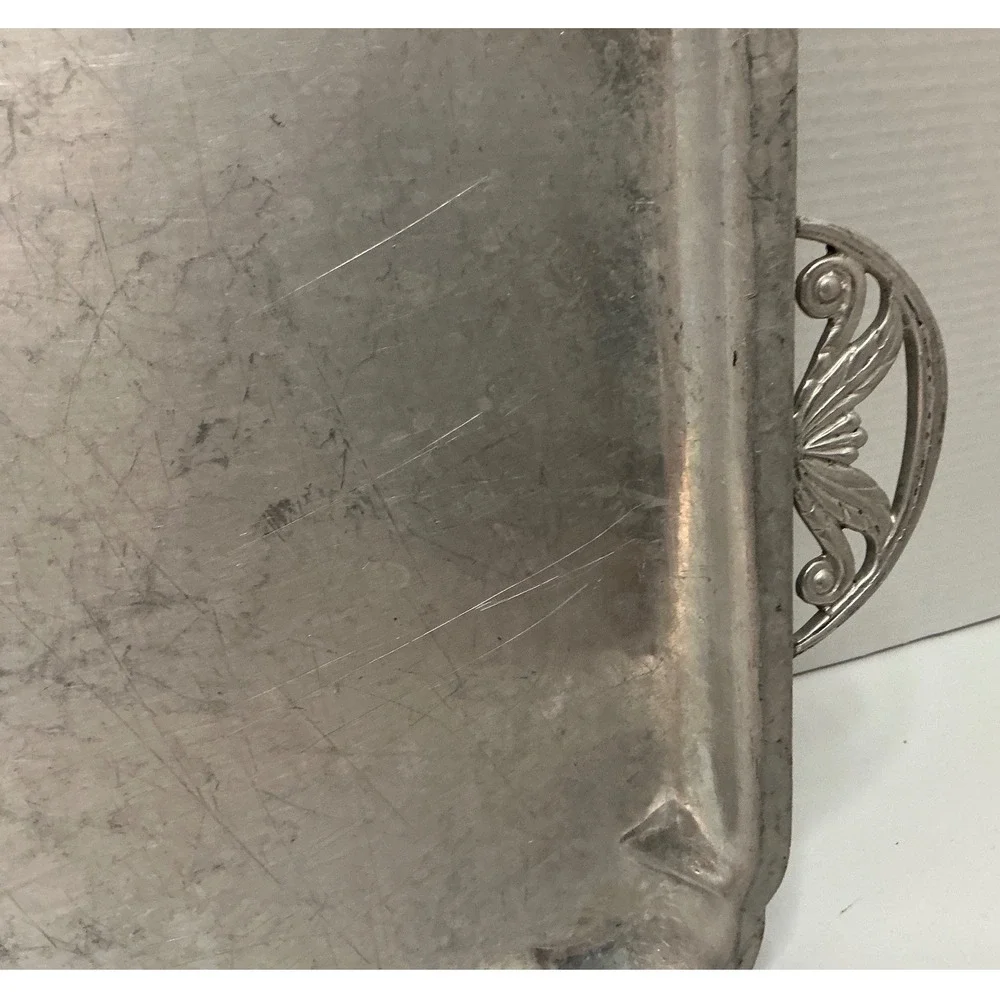 Argental Vintage Handwrought Aluminum Serving Tray Ornate Handles Silver Tone